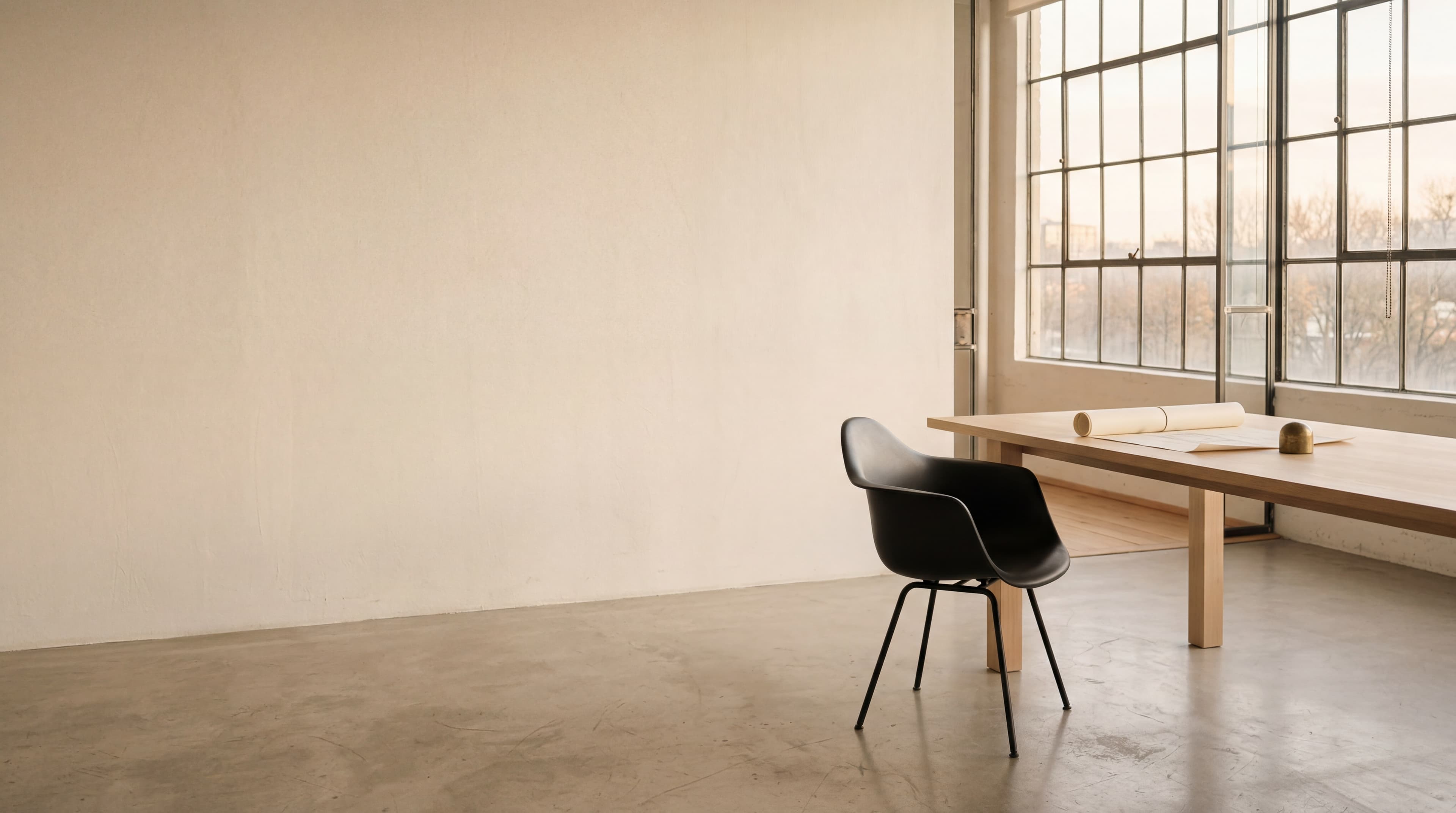 A quiet empty designer's studio with a single mid-century chair, a long pale-oak drafting table, and a tall industrial steel-frame window casting late-afternoon golden light across the concrete floor.