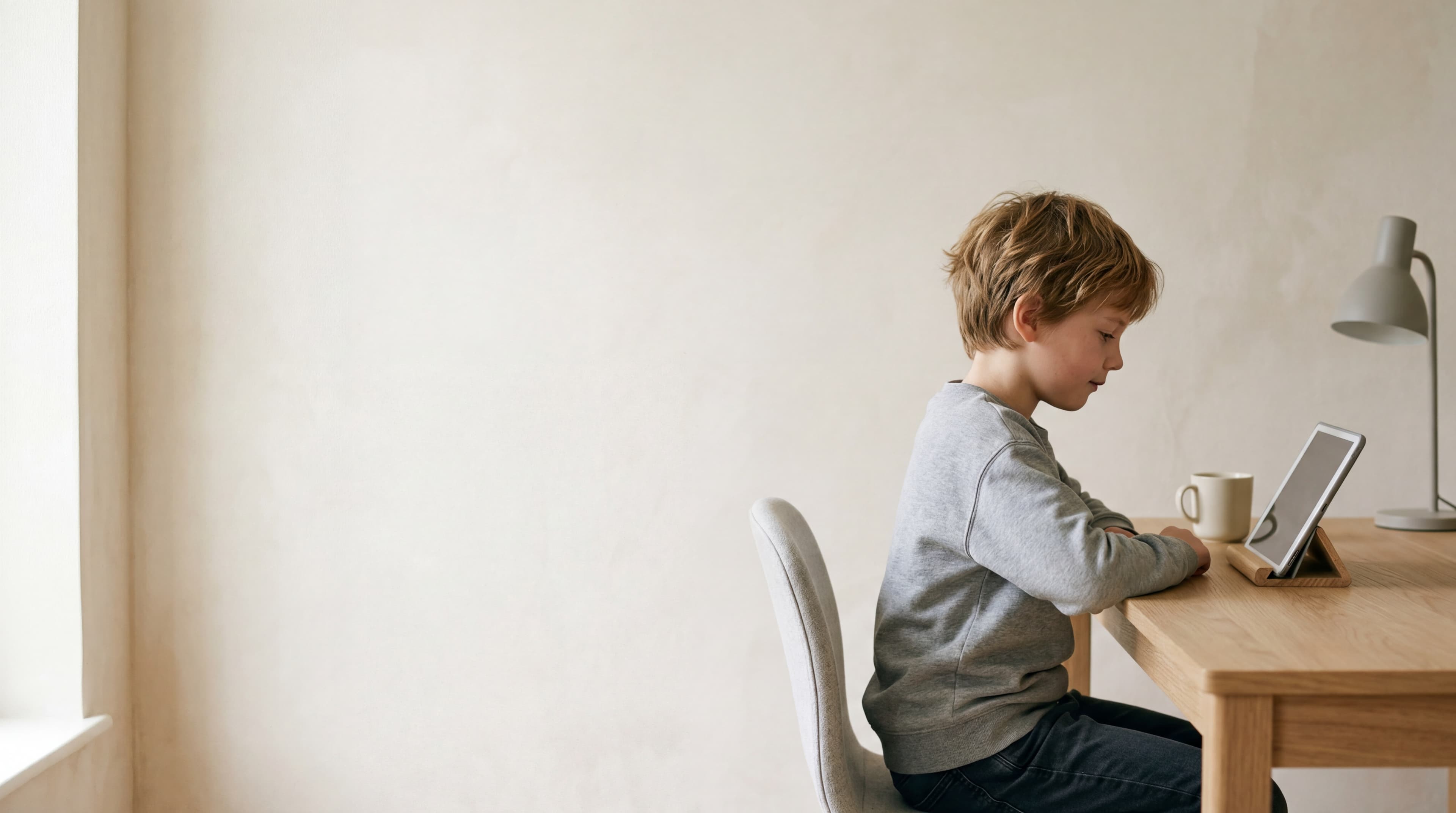 A young child in a grey crewneck seated at a clean oak desk with a tablet, calm focused expression in soft natural light.