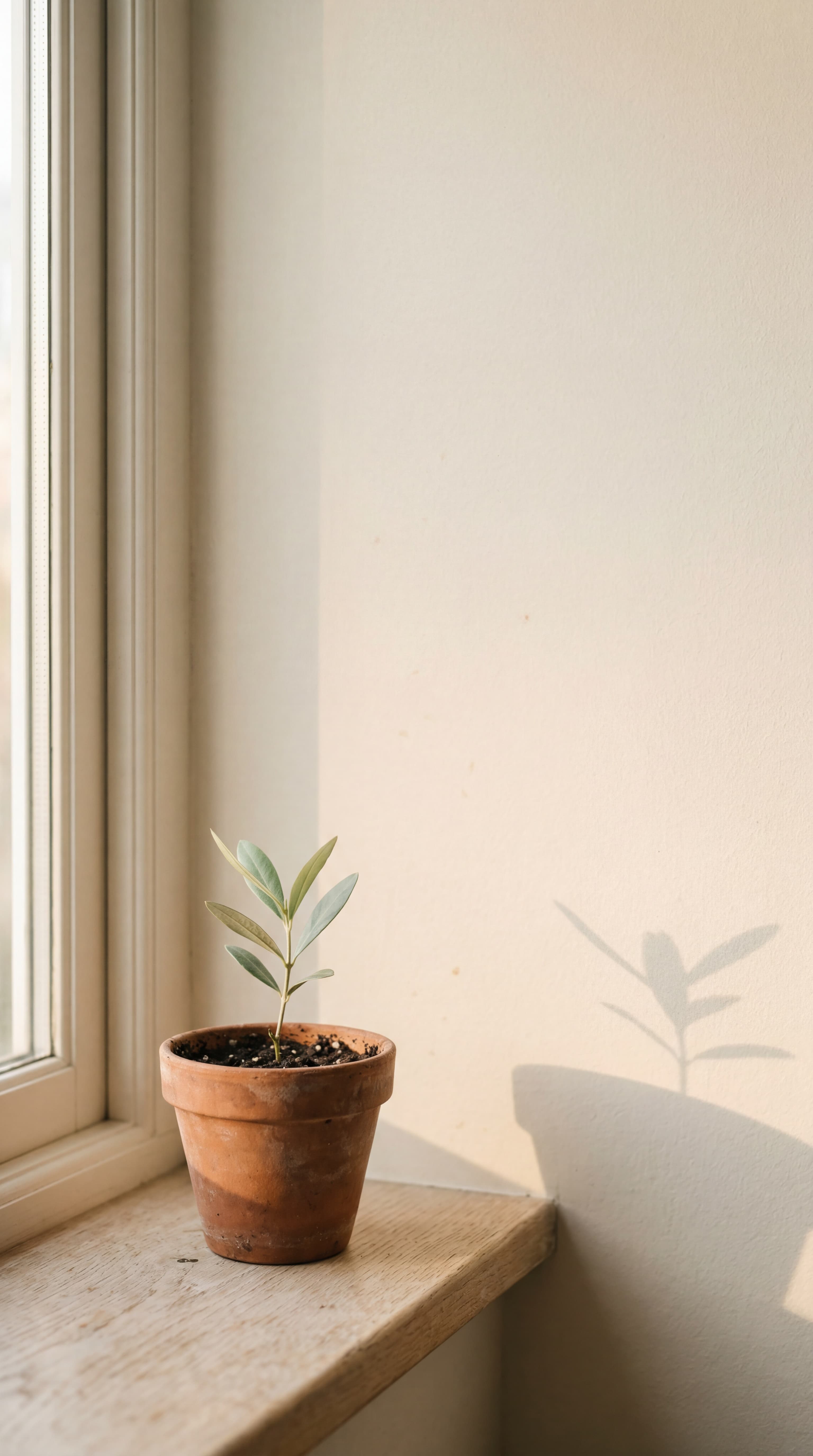 A young olive seedling in a small terracotta pot on a sunlit pale-oak windowsill, soft morning shadow on the cream wall.