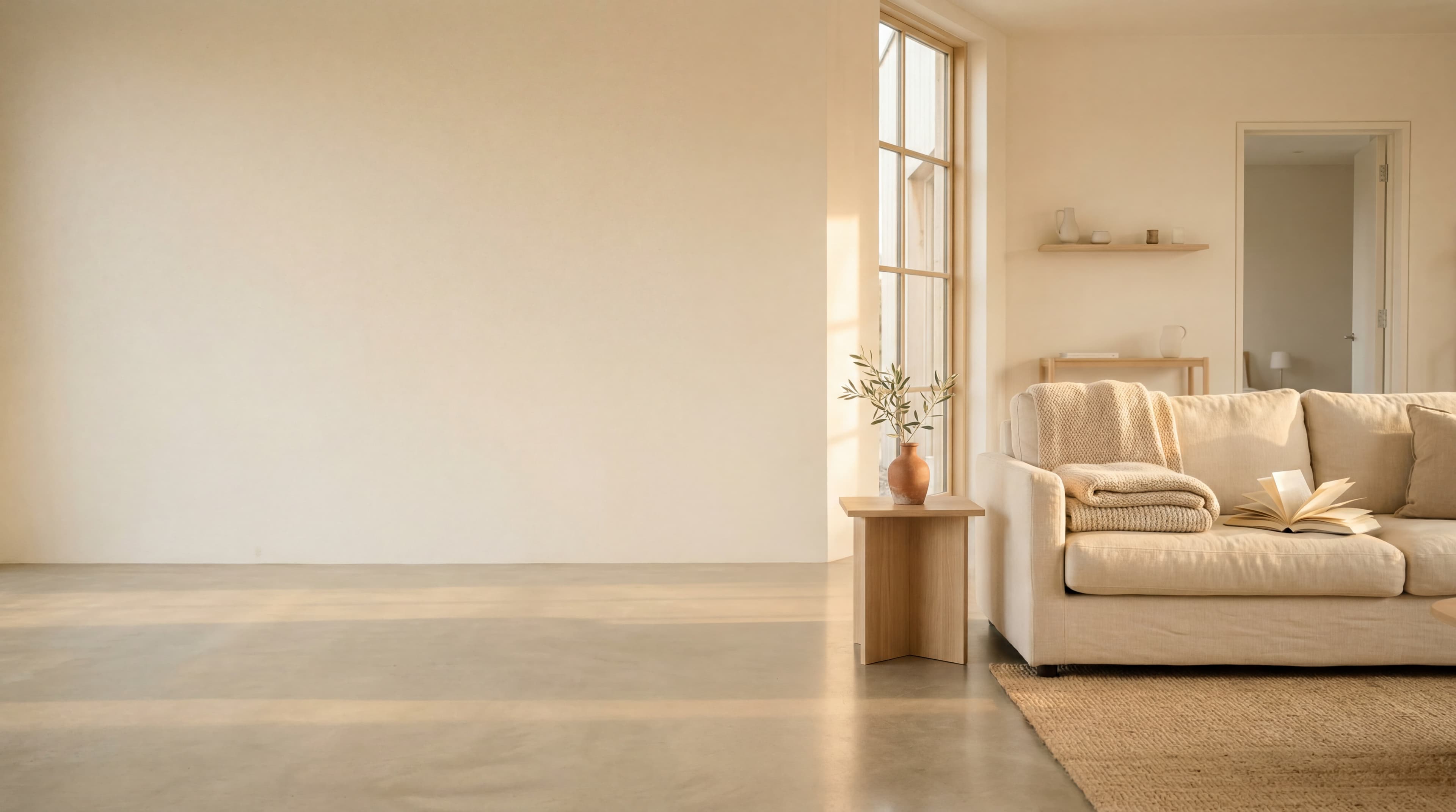 A calm sunlit family living room with a cream linen sofa, two folded knit throws, and a single open book on a cushion, golden afternoon light.