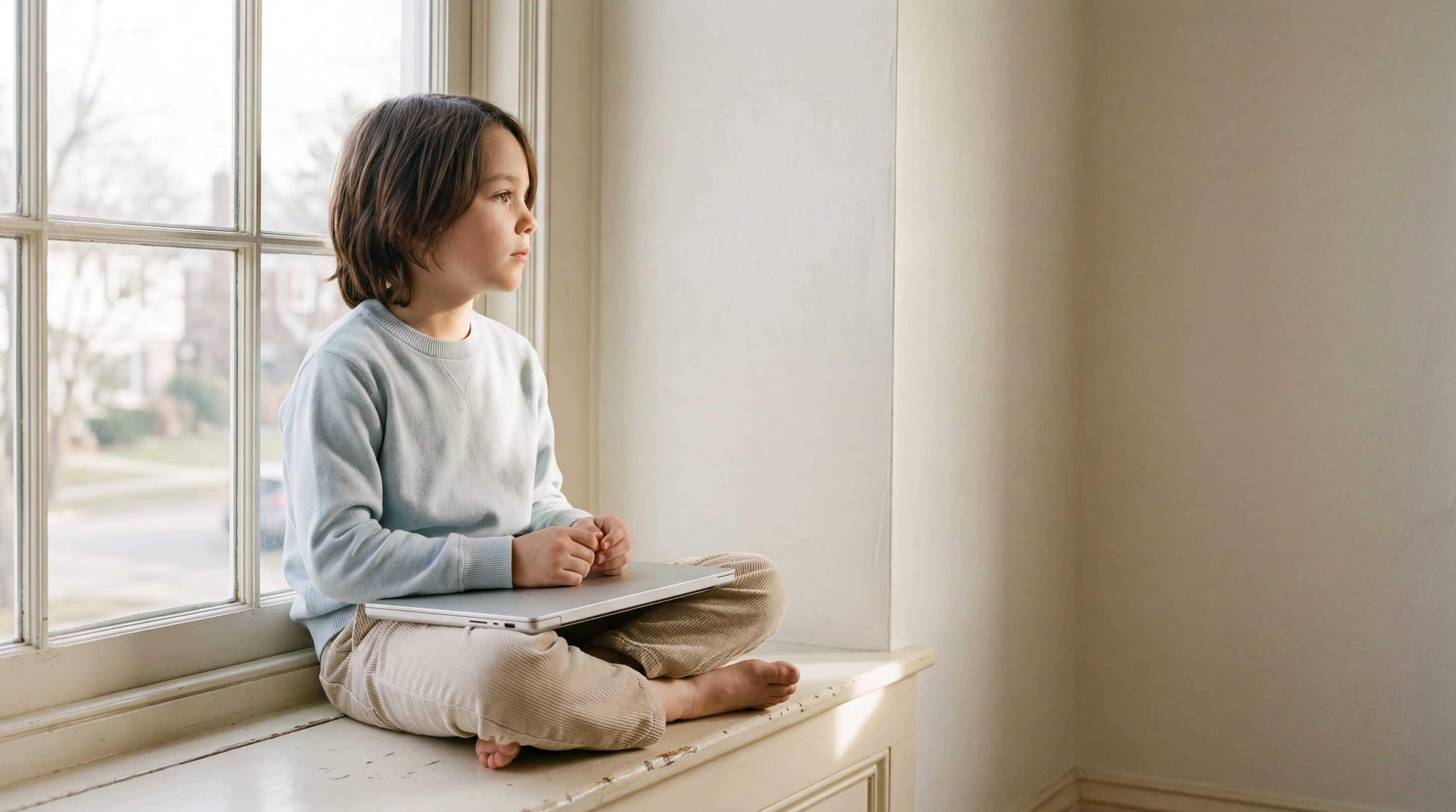 A child in a pale-blue crewneck seated cross-legged on a sunlit window seat with a closed laptop on their lap, gazing thoughtfully toward soft morning light.
