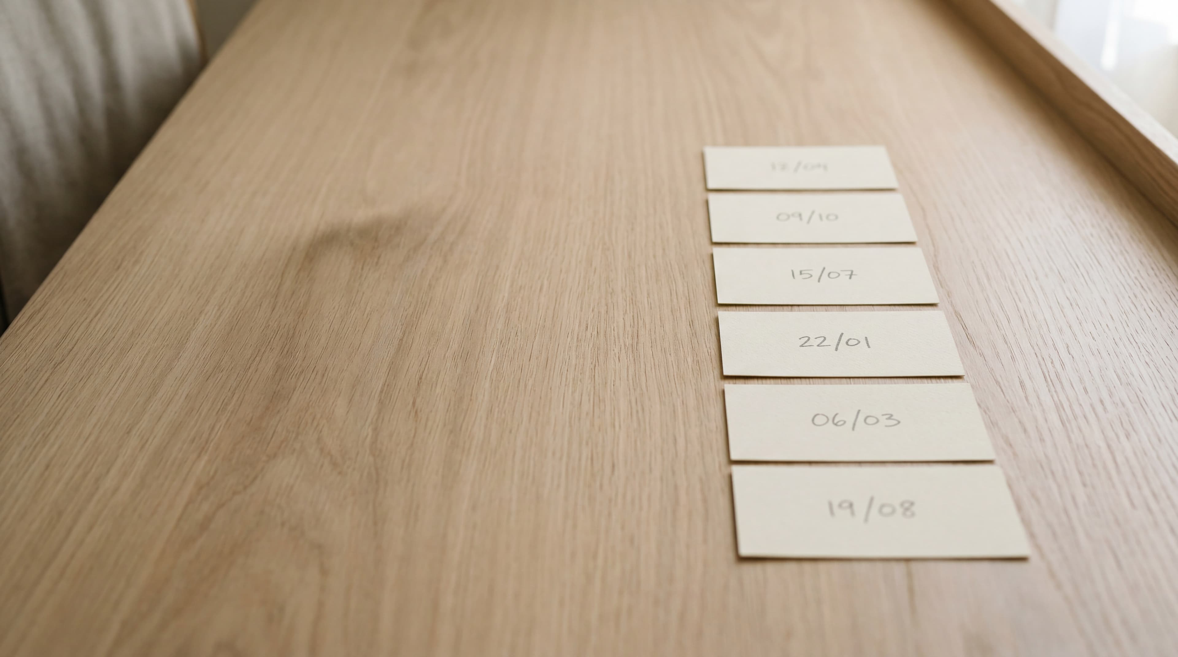 A row of six small cream cardstock index cards arranged in a straight line on a long pale-oak desk, each with a softly-written date mark, soft north-facing daylight.