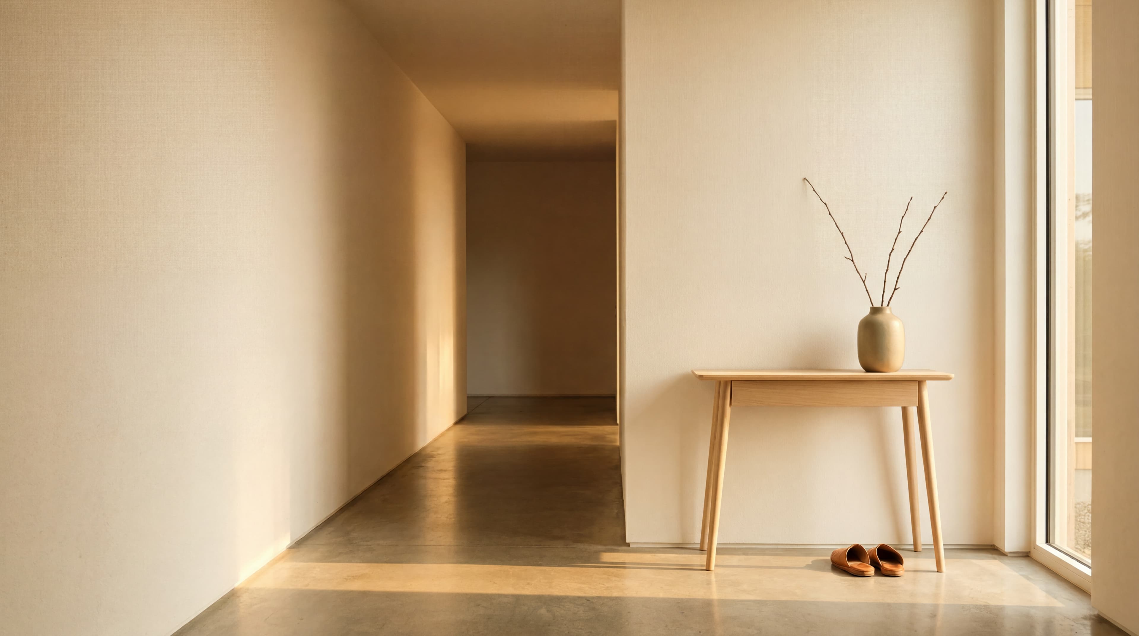 A serene sunlit hallway with a single mid-century pale-oak console table holding a matte ceramic vase with two slender branches, leather slippers on the concrete floor, golden late-afternoon light.