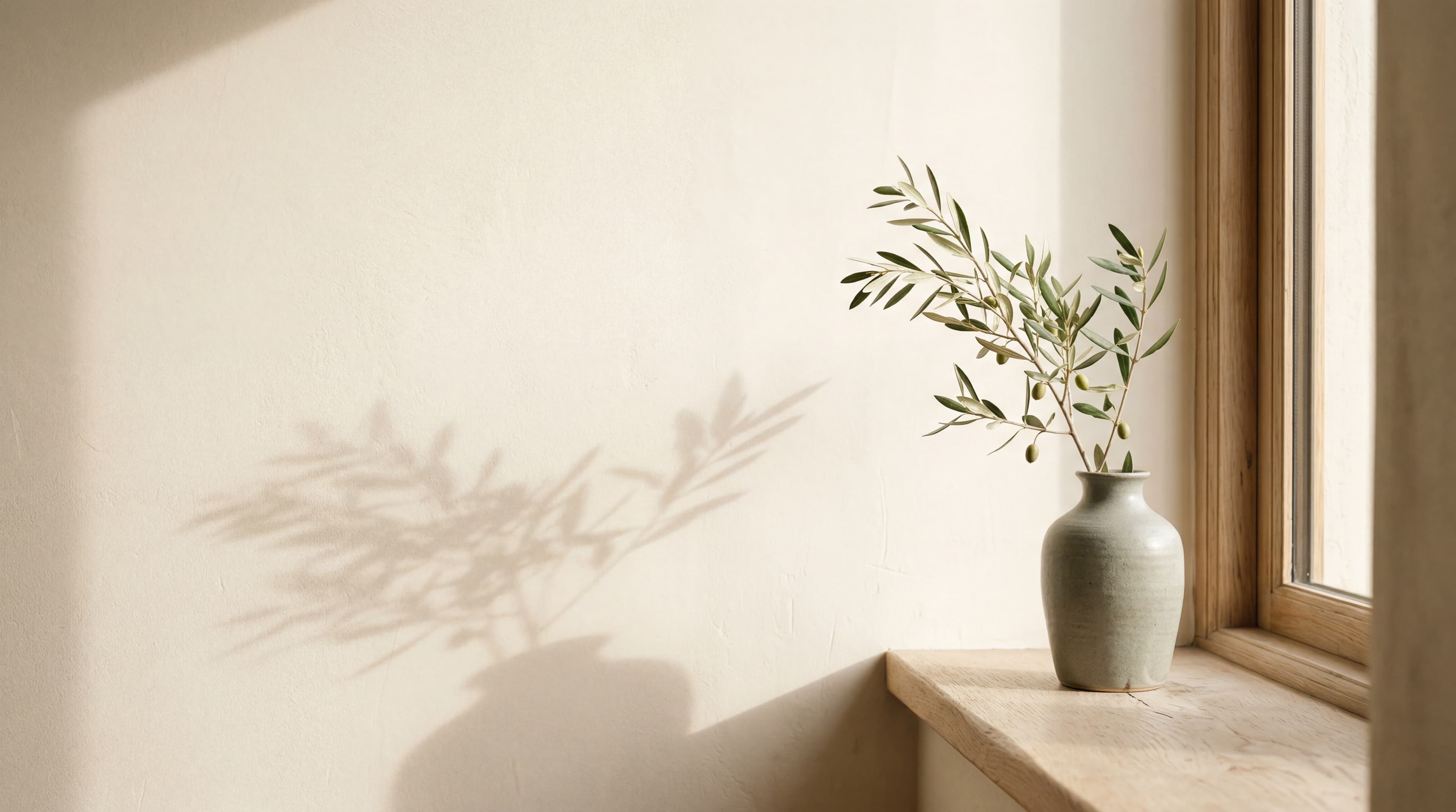 A sage-grey ceramic vase holding a small olive branch on a pale-oak windowsill, soft warm light casting a long shadow across a cream wall.