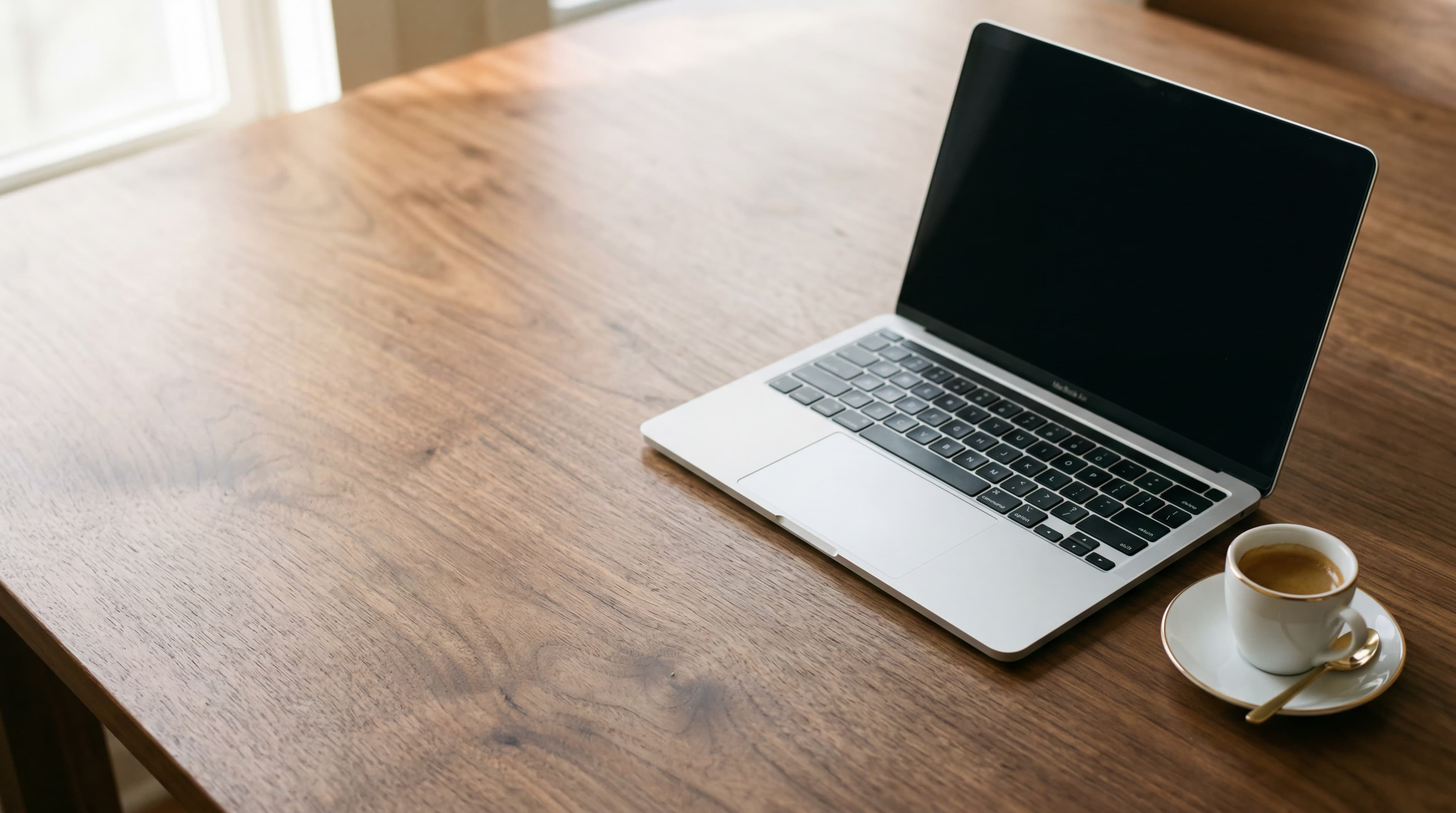 An open silver MacBook on a warm walnut desk beside a small espresso cup with a golden rim, soft morning window light.