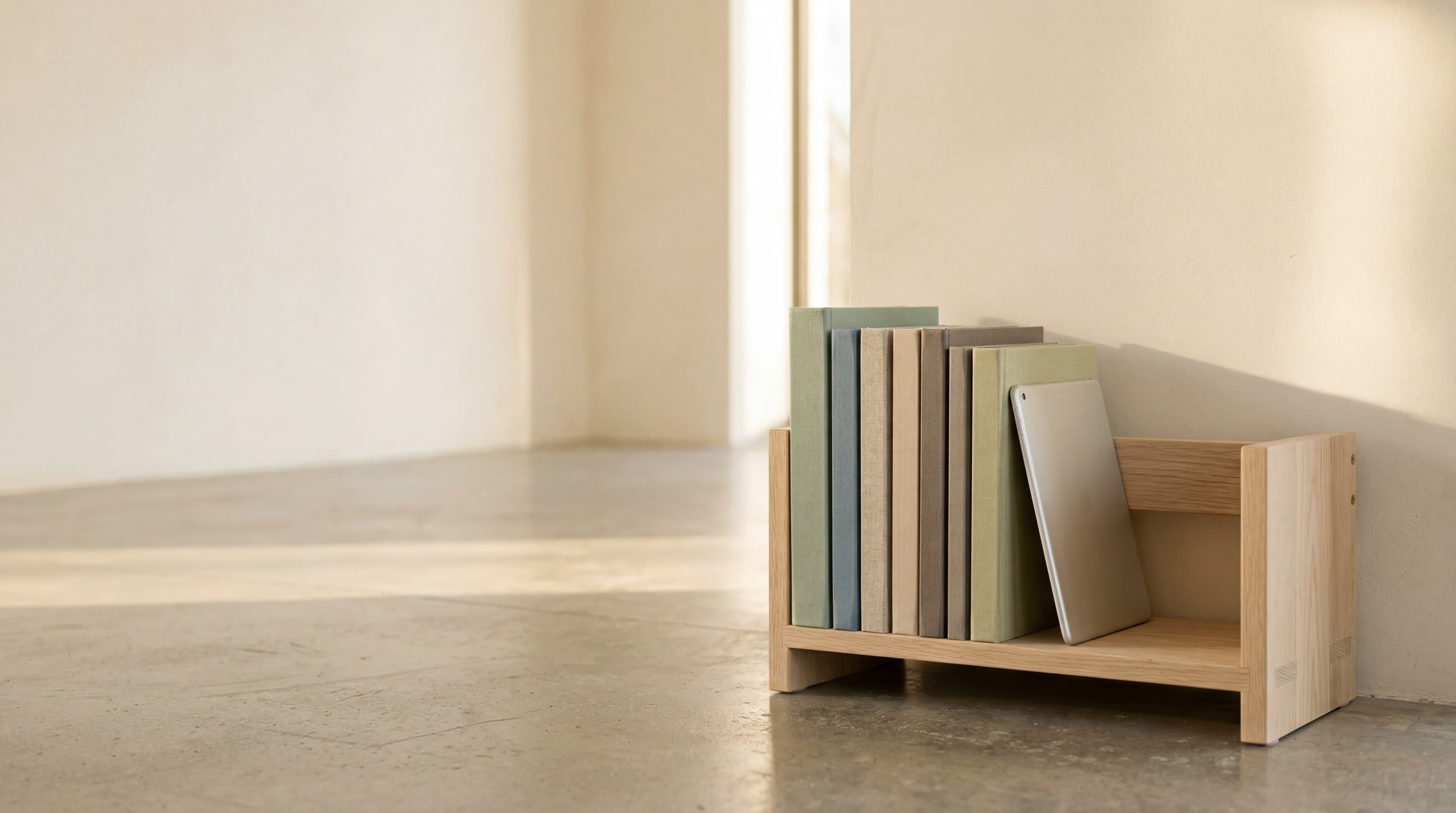 A low pale-oak bookshelf of children's picture books beside a single silver tablet in a sunlit minimalist room, soft warm afternoon light.