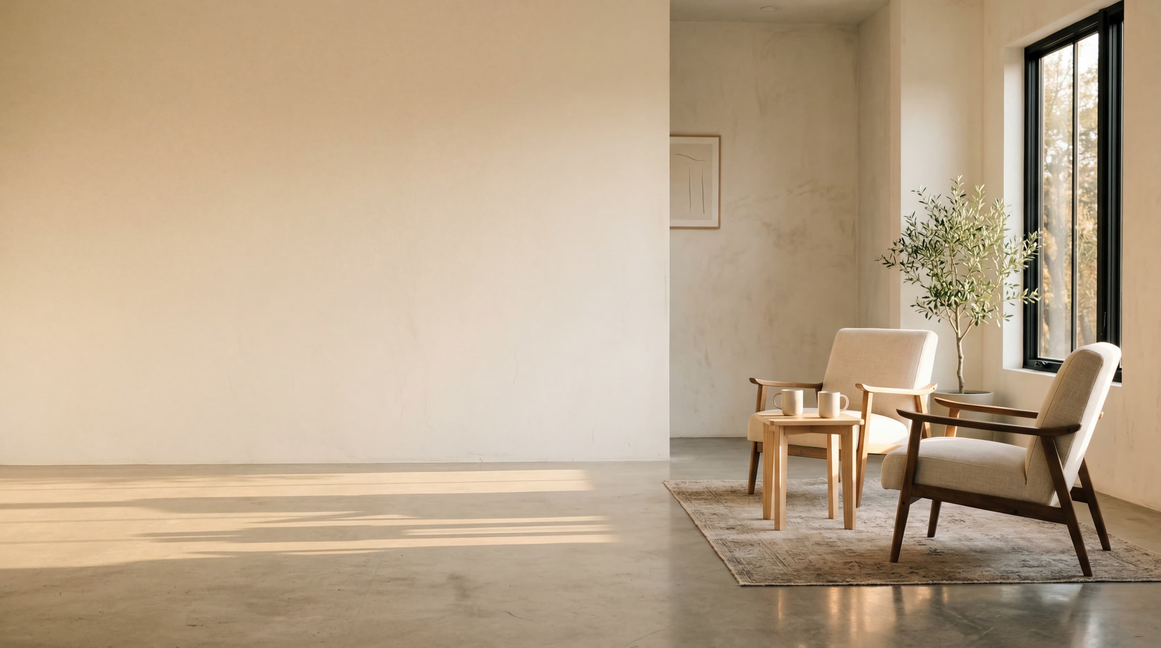 Two empty mid-century cream linen armchairs angled toward each other in a sunlit minimalist room, a small pale-oak side table between them holding two ceramic mugs, golden afternoon light.