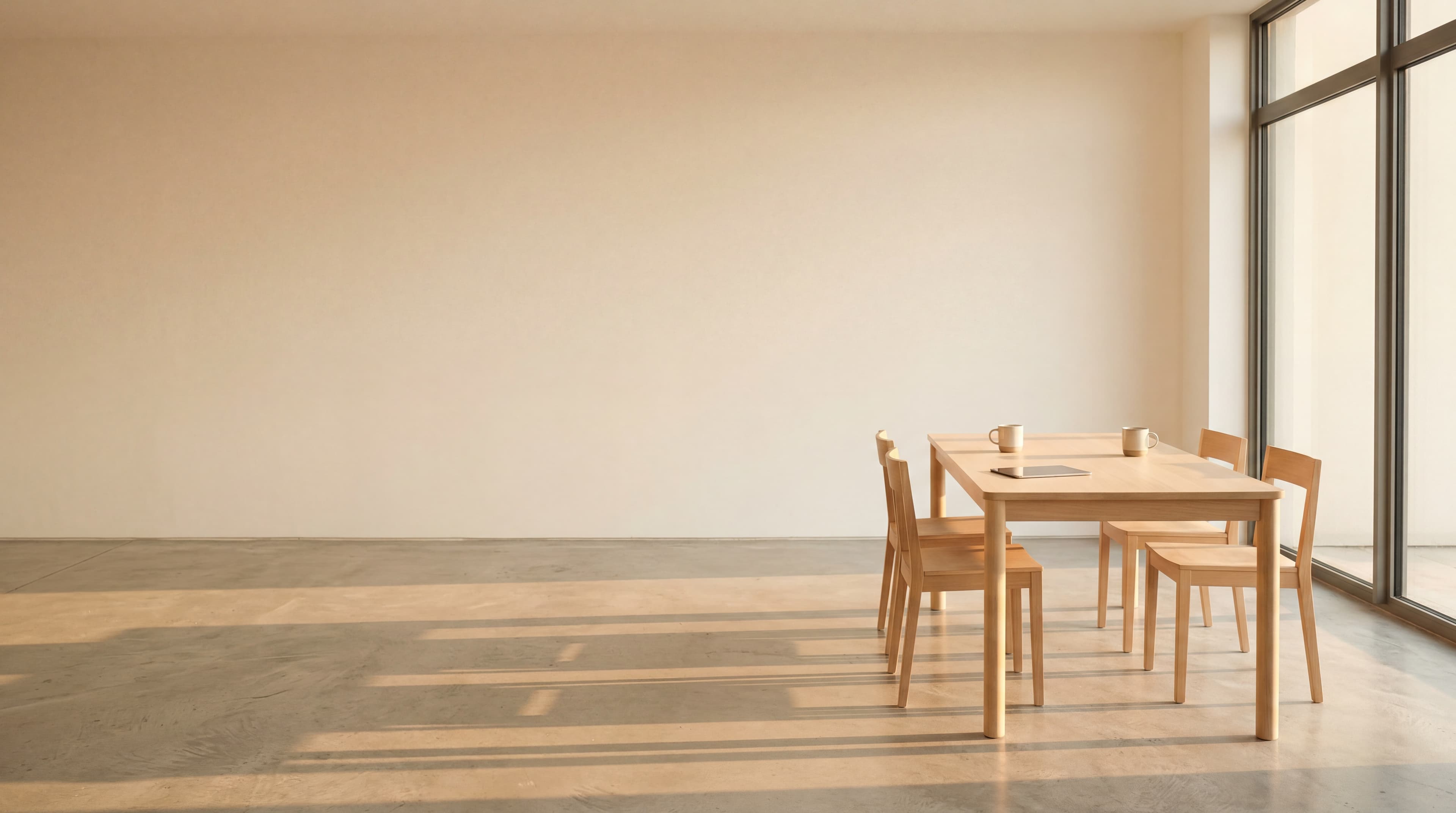 A pale-oak dining table with three wooden chairs in a sunlit minimalist room, two ceramic mugs and a single tablet on the table, late-afternoon golden light through tall windows.