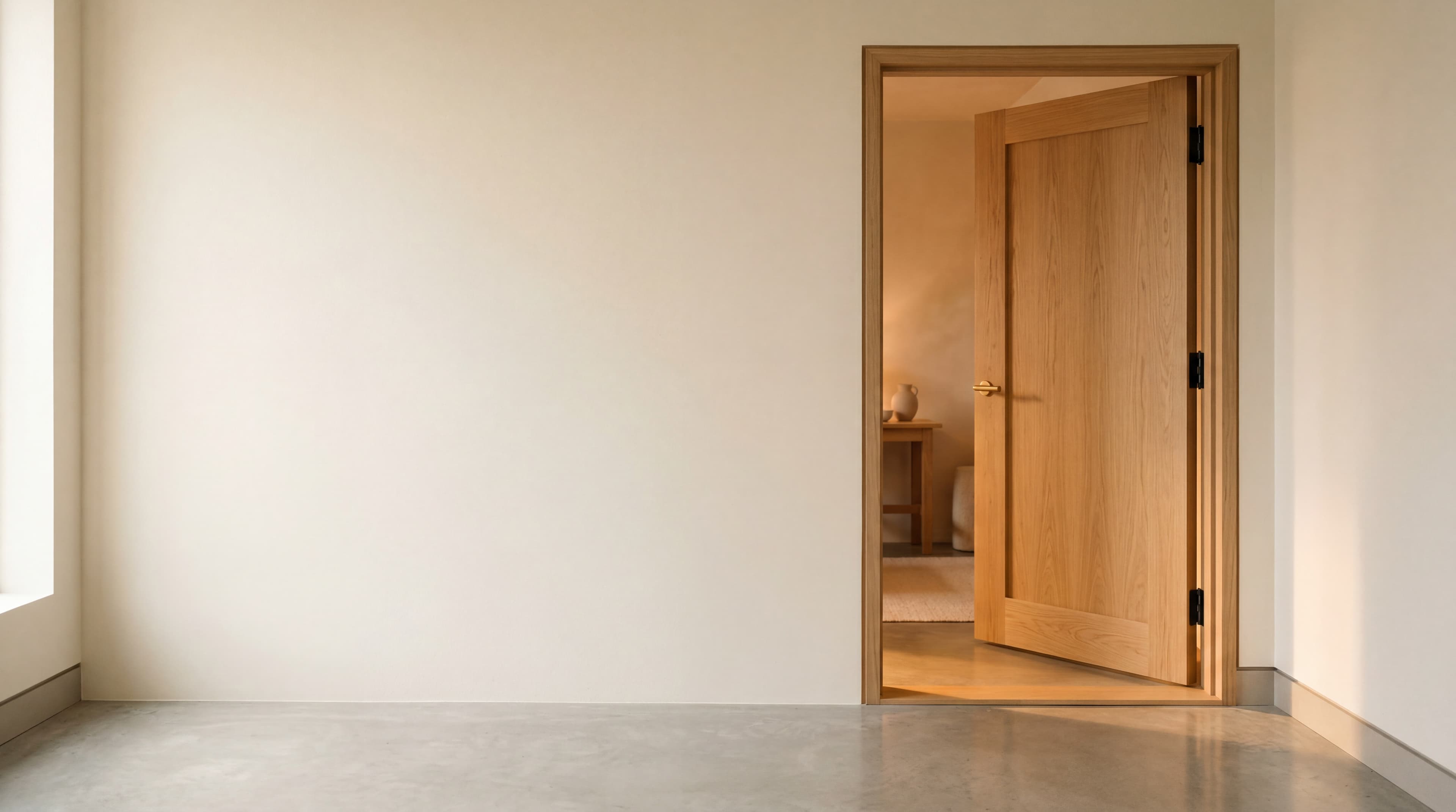 A partially-open pale-oak hardwood door with warm golden interior light spilling through into a calm minimalist hallway, soft daylight from the left.