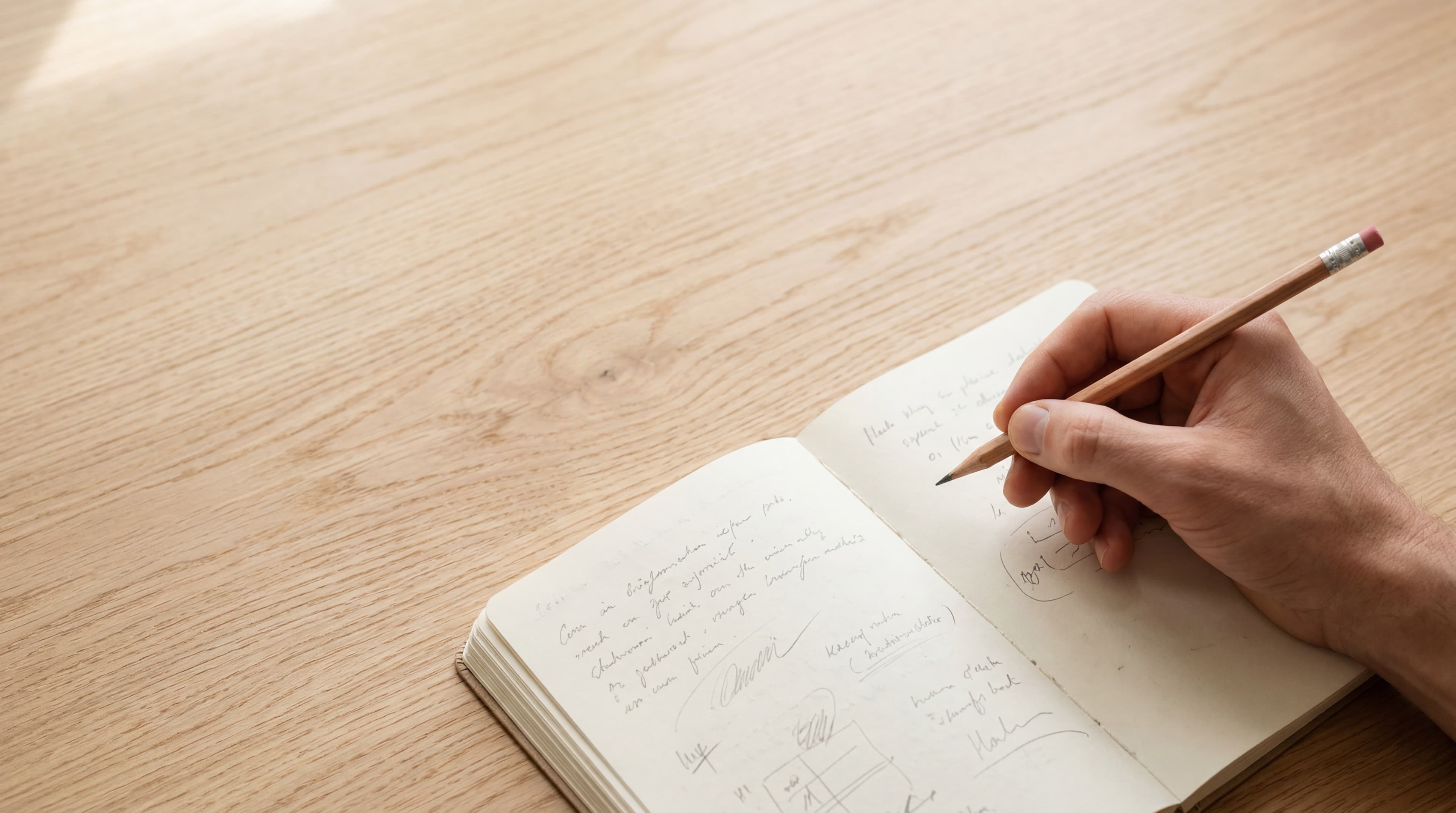An overhead view of an adult hand holding a pencil hovering above an open cream-paged notebook with soft handwritten observation notes on a pale-oak desk in north-facing daylight.