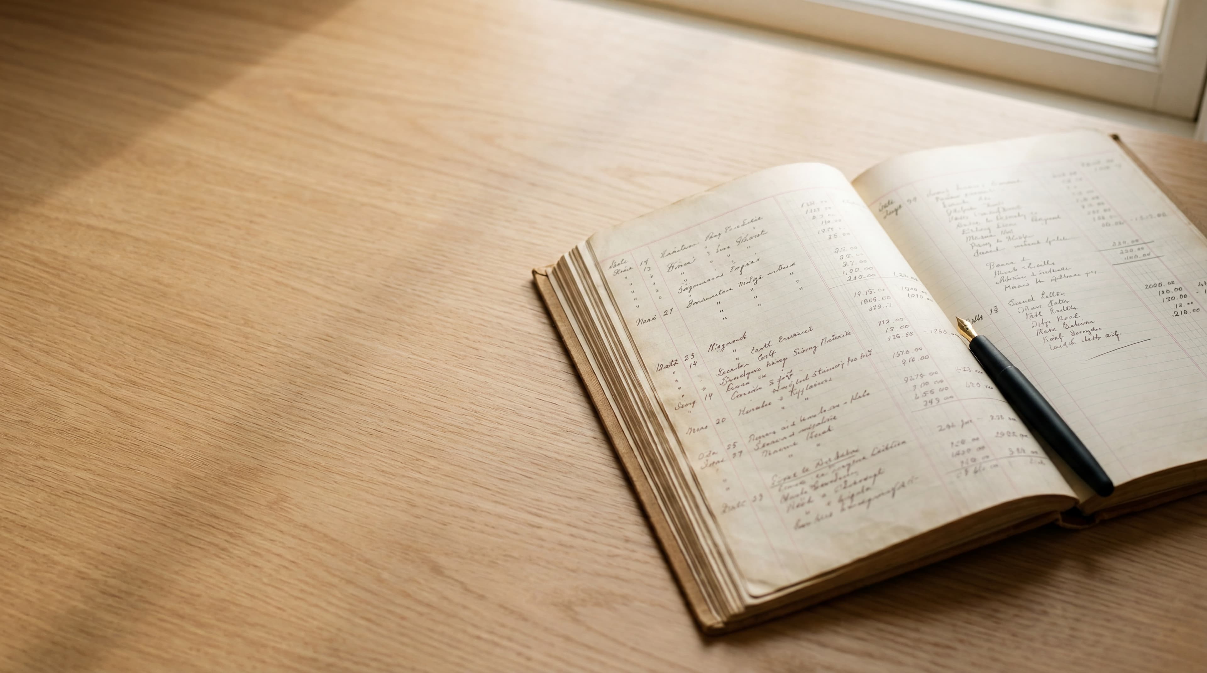 An open cream-paged hardcover ledger book on a pale-oak desk with a slim matte-black pen resting diagonally across, soft warm afternoon light.