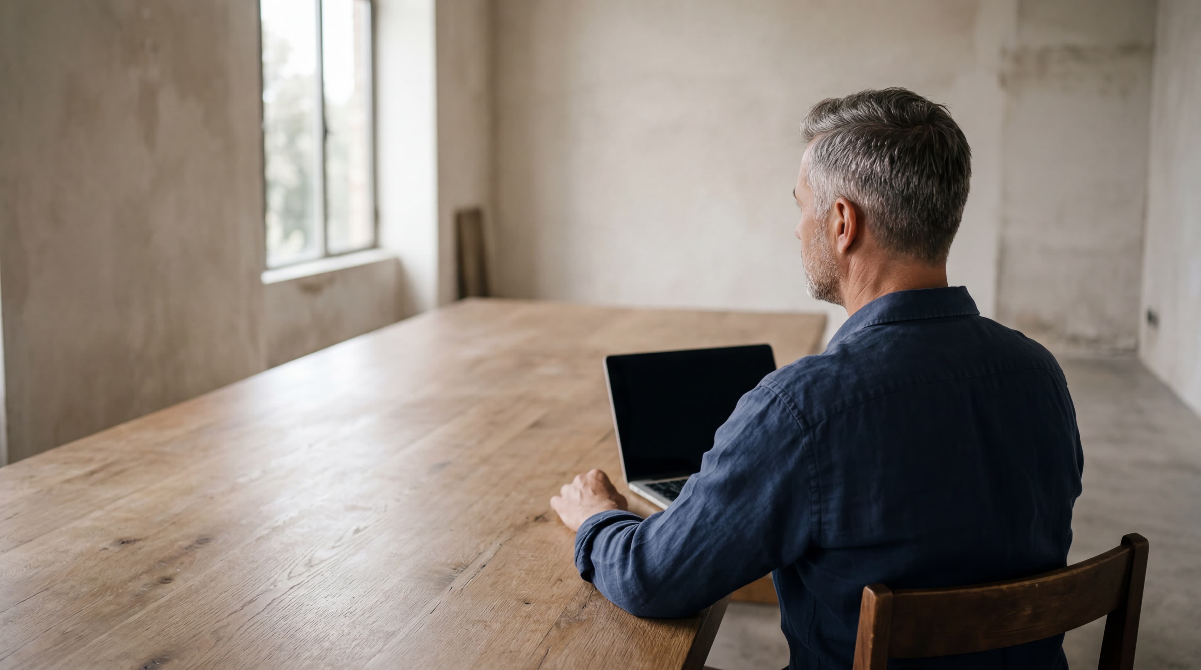 An adult man in a navy linen shirt seated at a long oak table with a silver MacBook, soft natural light from a tall window.