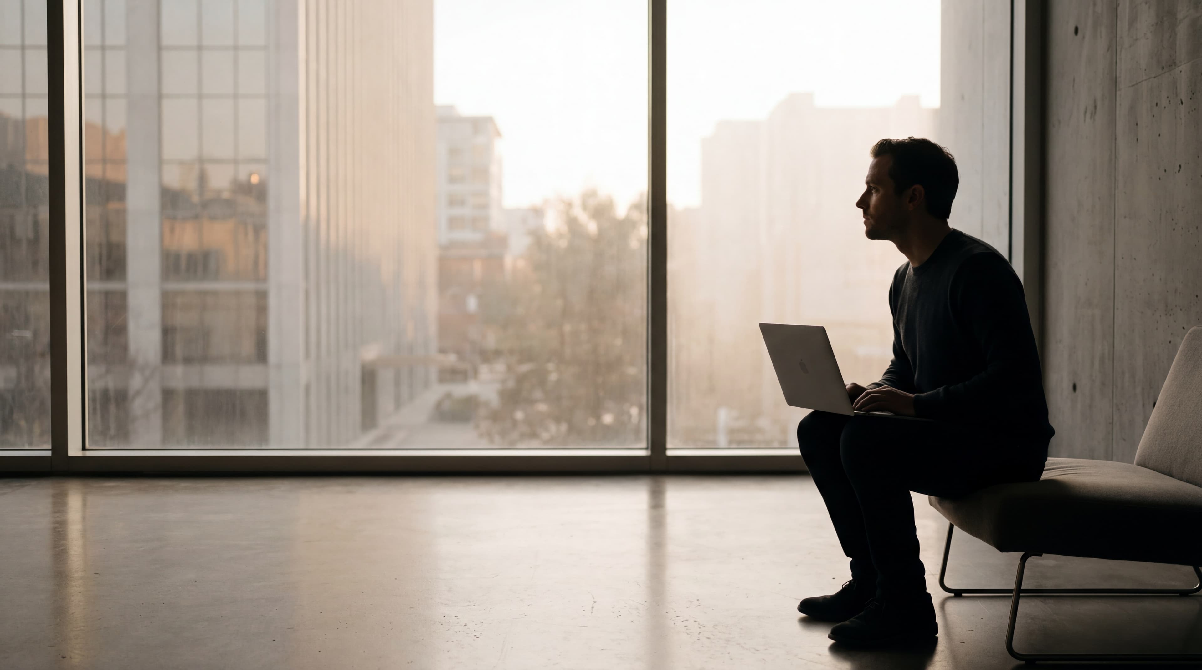 A figure in a charcoal sweater seated by a tall window with a laptop, soft golden backlight from late-afternoon city light.