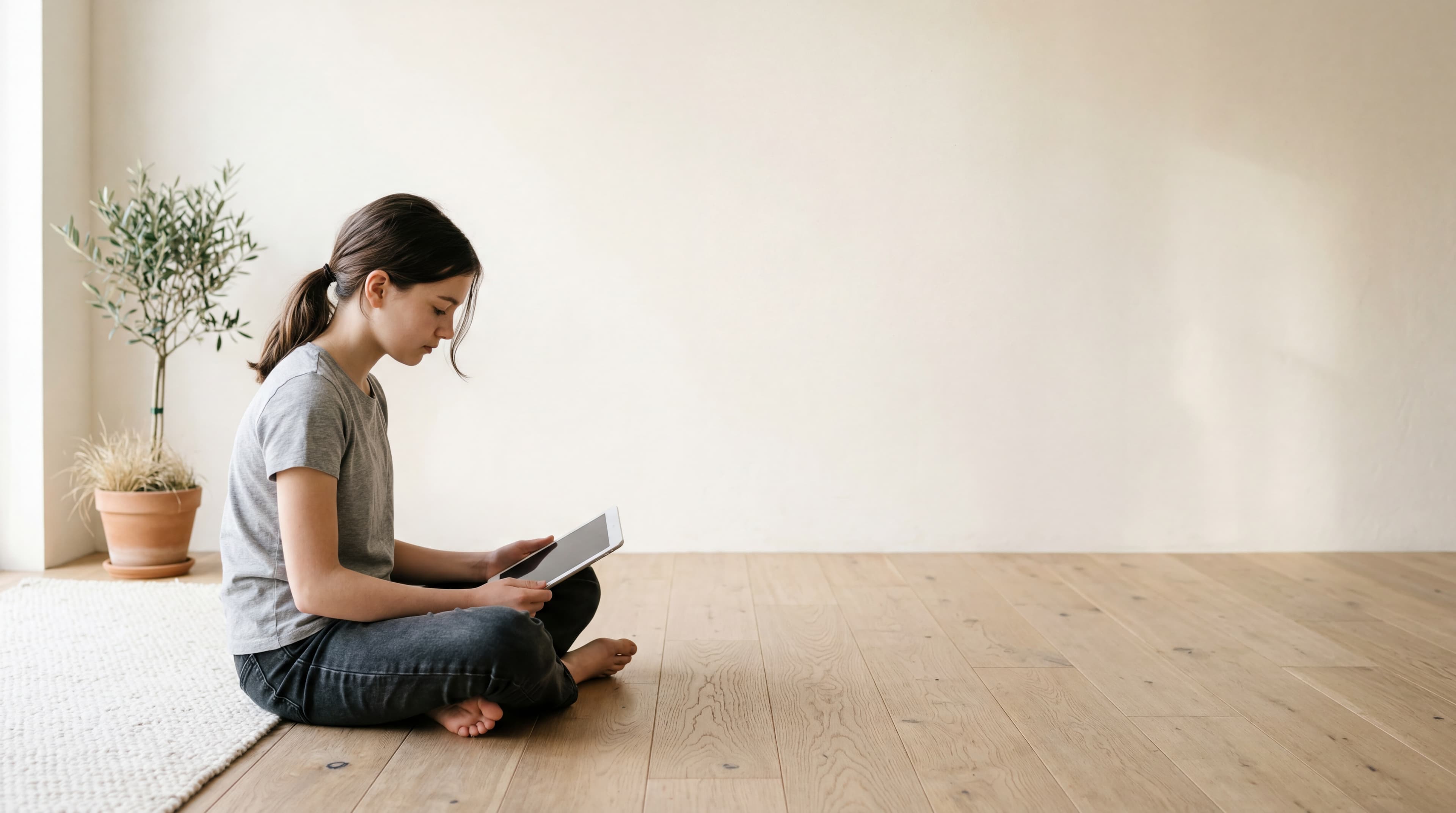 A teenage girl seated on a hardwood floor in a sun-filled minimalist room, focused on a tablet in her lap.